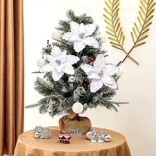 Miniatura 3 de GreenHouzz - 10 piezas de flores de Pascua grandes para árbol de Navidad, flores de seda con purpurina, adornos para árbol de Navidad, corona,