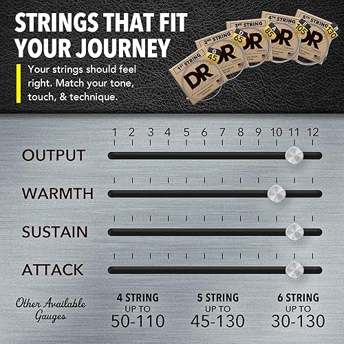 Miniatura 31 de DR Strings - Hi-Beams - Juego de Cuerdas de Bajo 4 Cuerdas - Mediano 45-105 - Núcleo Redondo de Acero Inoxidable - Accesorios para Bajo (MR-45)