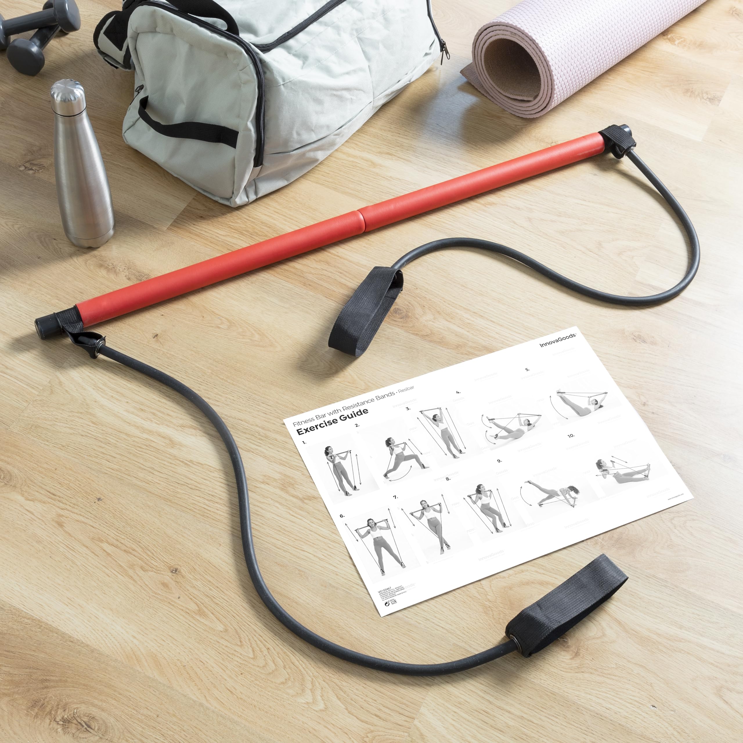 Fitness Bar with Resistance Bands and Exercise Guide Resibar InnovaGoods, Black/White, diameter 3 x 91 cm - Image 4