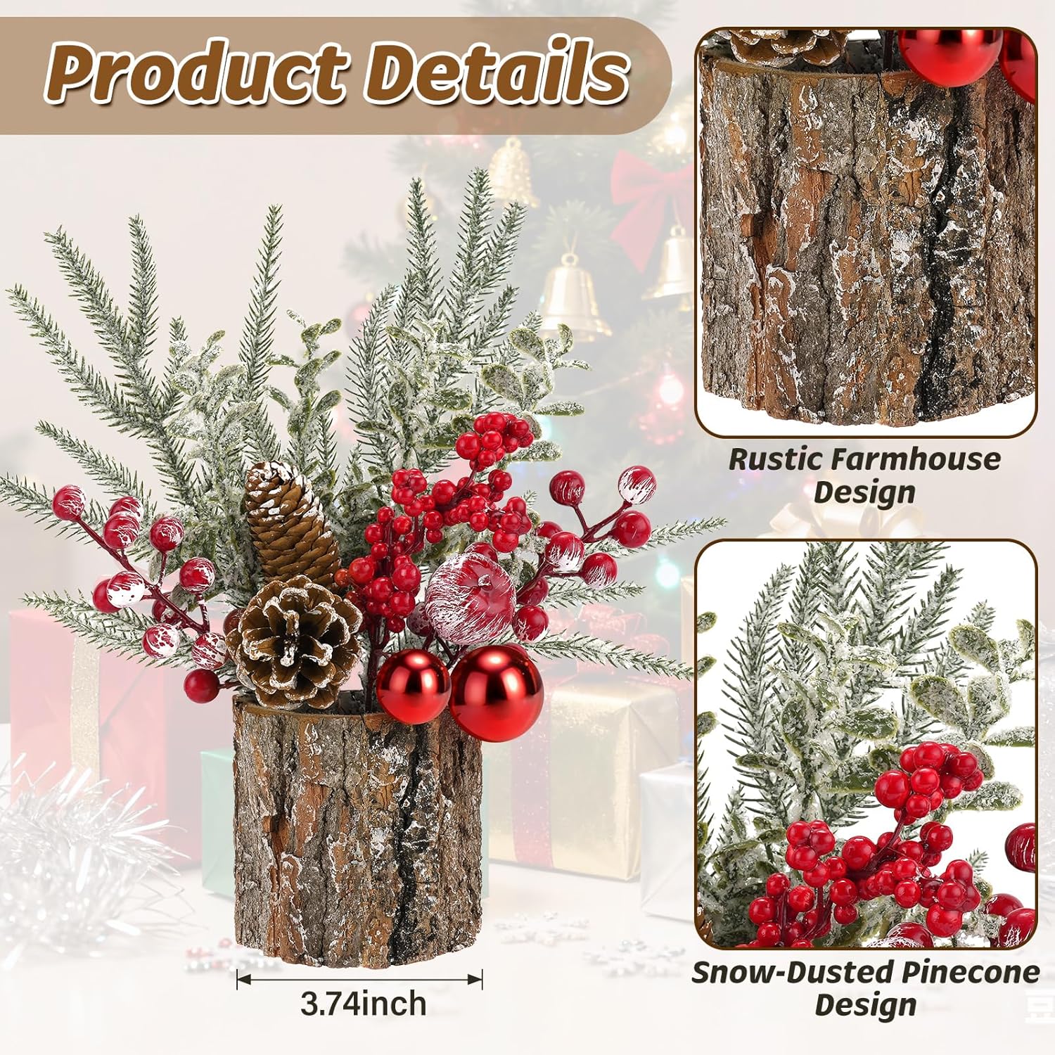 Small Christmas Table Centerpiece with Pinecones & Red Berries, Rustic Farmhouse Christmas Centerpieces for Coffee Bar, Mantel, Kitchen Island,Window Sill & Entryway Table Holiday Decor (1pcs