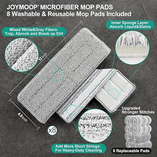 Vista 13 de JOYMOOP Trapeador y cubo con juego de escurridor, trapeador de piso plano manos libres y cubo, con 3 almohadillas de microfibra lavables, uso húmedo