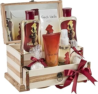 French Vanilla Bath Set Essential Bath and Body Basket: 2 Vanilla Bath Bombs, Body Lotion, Body Spray, Bath Salts, etc in a Wooden Jewelry Box Gift – Mother's Day Gift for Mom