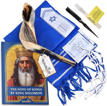 HalleluYAH Prayer Set Autentice Ram Horn Shofar with Deep Sound Plus Beautiful Tallit Inspired King Solomon