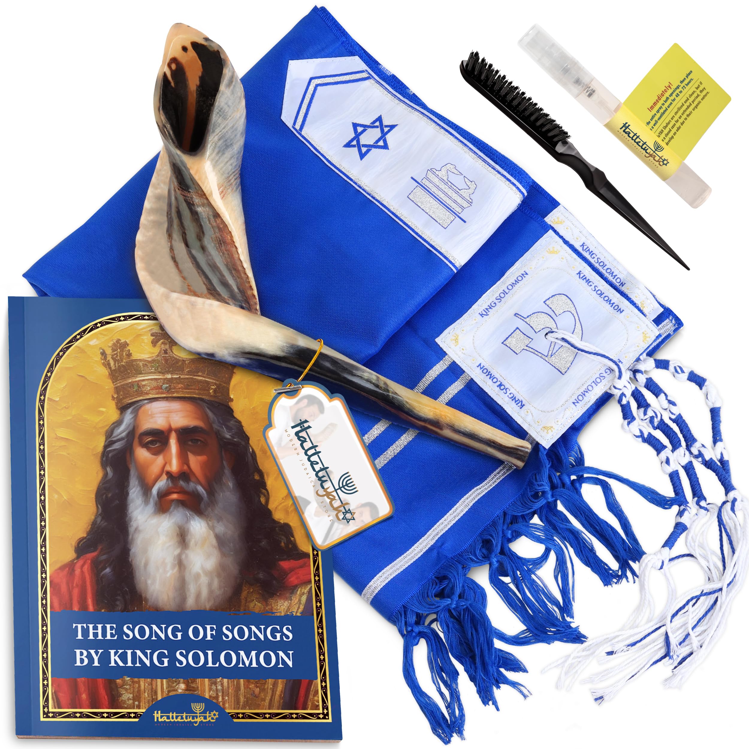 HalleluYAH Prayer Set: Autentice Ram Horn Shofar with Deep Sound Plus Beautiful Tallit Inspired King Solomon