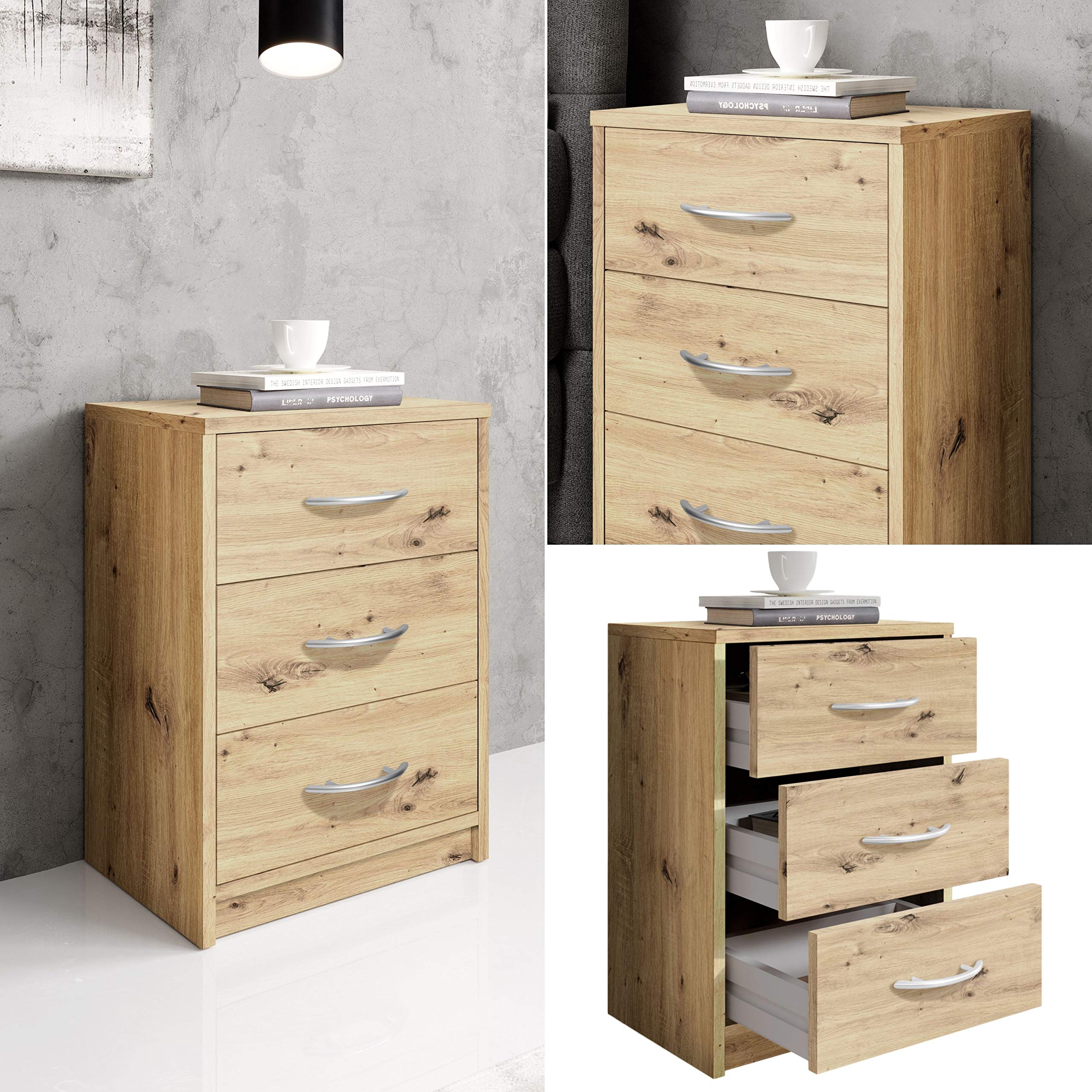 Stella Trading PEPE, Comodino da notte, effetto rovere artigianale, linea essenziale con 3 cassetti che si abbina facilmente a ogni camera da letto, 39 x 54 x 28 cm, L x A x P