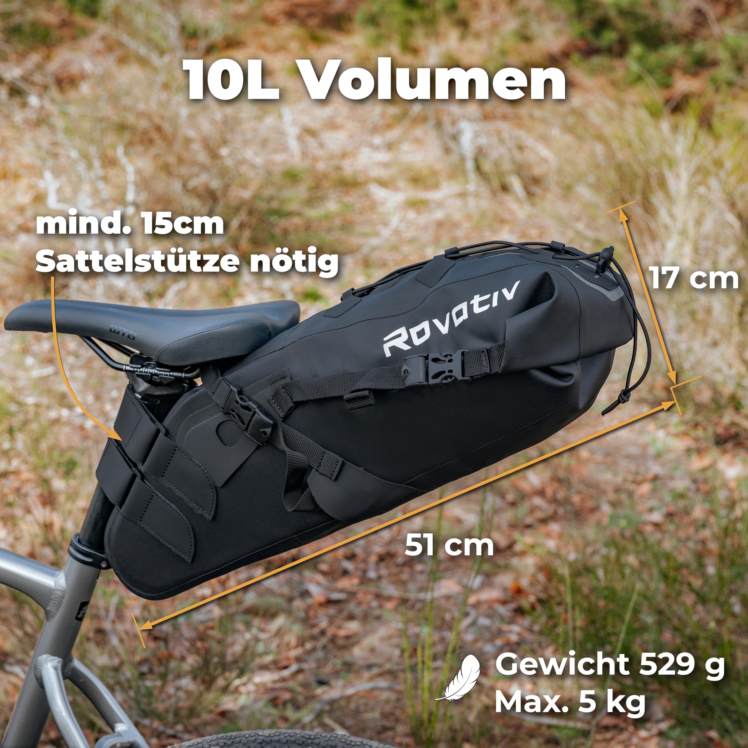 Rovativ® - Bikepacking Satteltasche [10 Liter] 100% Wasserdicht - super Fester Halt - Fahrrad Satteltasche aus TPU-Gewebe - für Gravelbike und MTB Bike Packing