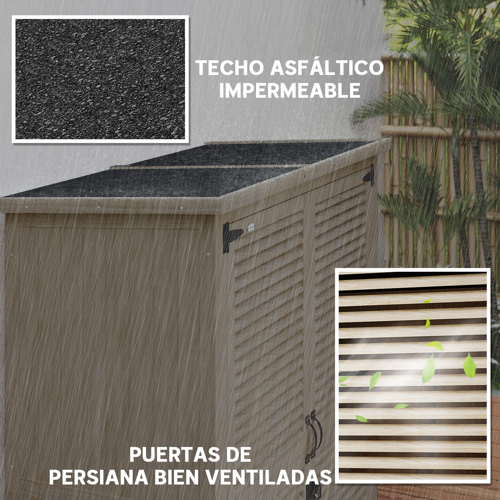 Outsunny Caseta de Jardín de Madera, 127x65x168 cm, Cobertizo Jardín Exterior, Armario para Almacenaje Herramientas, con 2 Puertas de Persiana 2 Estantes Techo Impermeable para Patio Terraza, Natural
