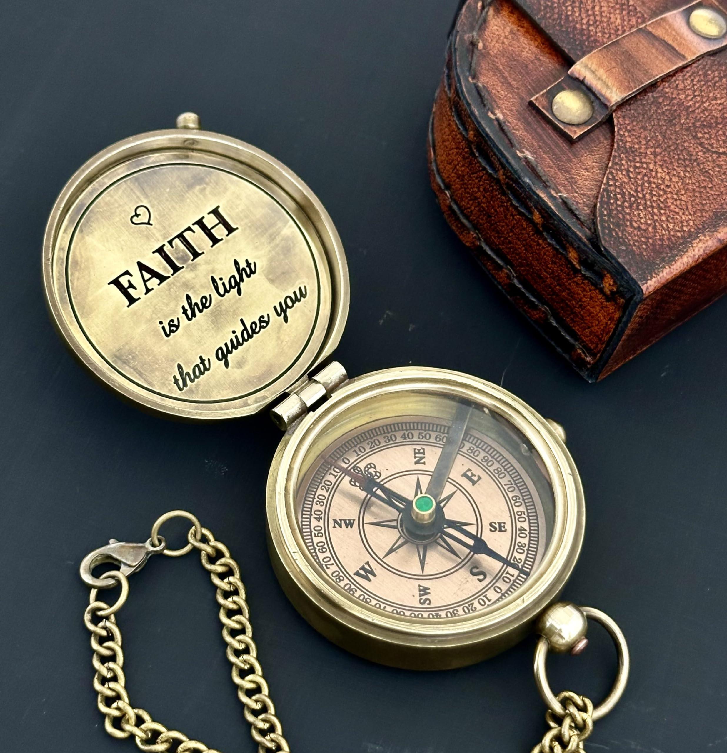 Faith Compass – Inspirational Gift for Men & Boys | Christian Baptism, Communion, Confirmation, or Graduation Present | “Faith is The Light That Guides You” Engraved | Leather Box