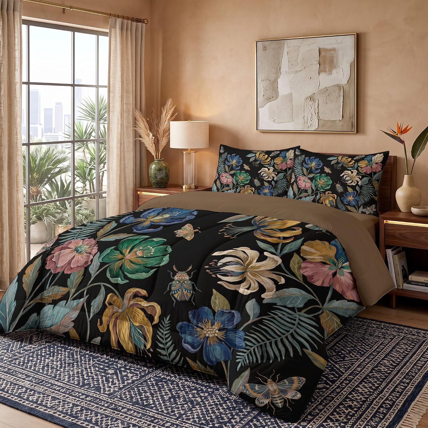 Dark Country Comforter Set Full Size, Wildflowers and Leaves Print Breathable Bedding Set for Girls Boys Teens, Blue-Green Quilt Duvet with 2 Pillow Cases