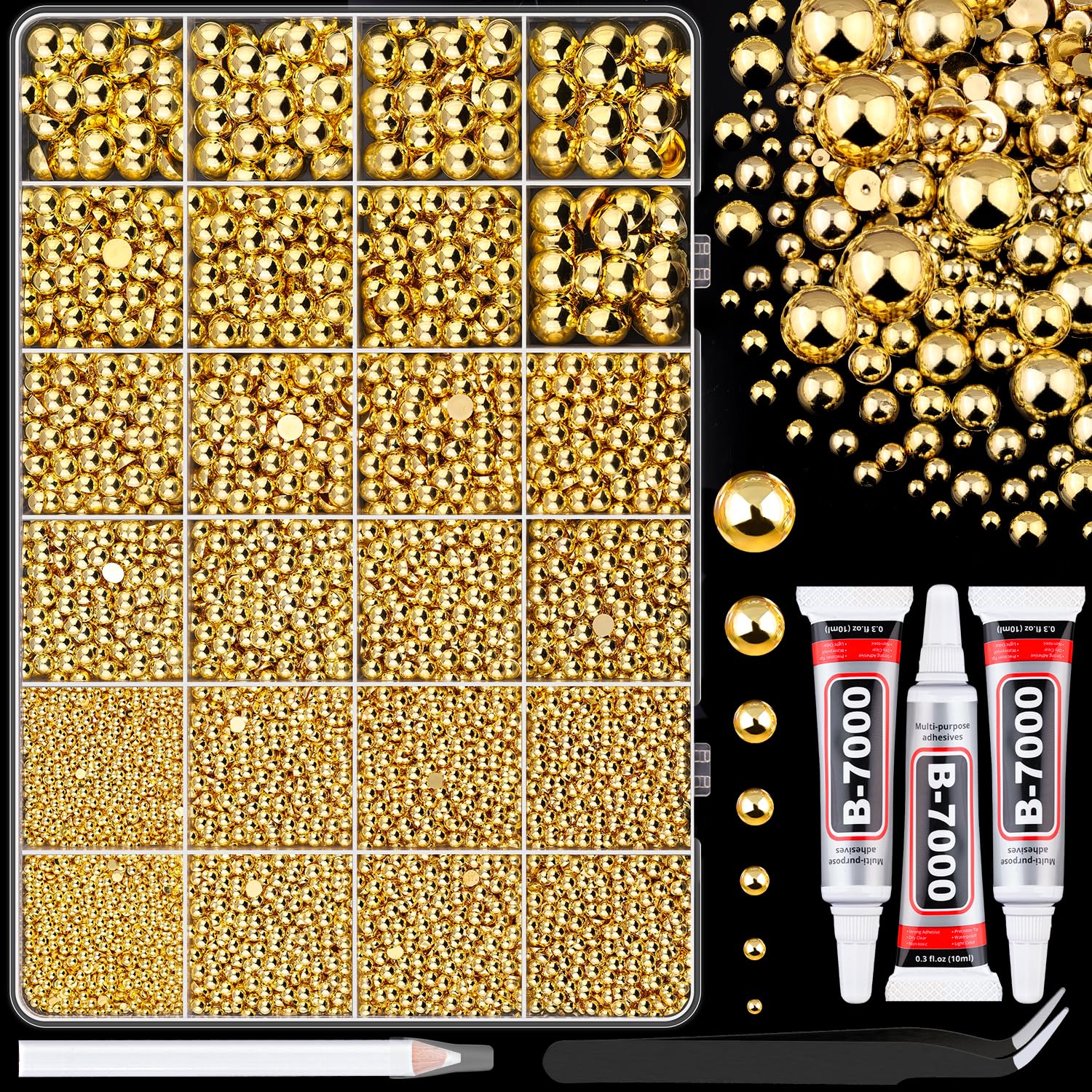 13000Pcs Flatback Pearls for Crafting (Gold), Assorted Size 2/3/4/5/6/8/10mm Half Pearl with 3Pcs 10ml B7000 Jewelry Glue, Bedazzling Bead for DIY Crafts Clothing Tumblers Shoes Embellishment Nail Art