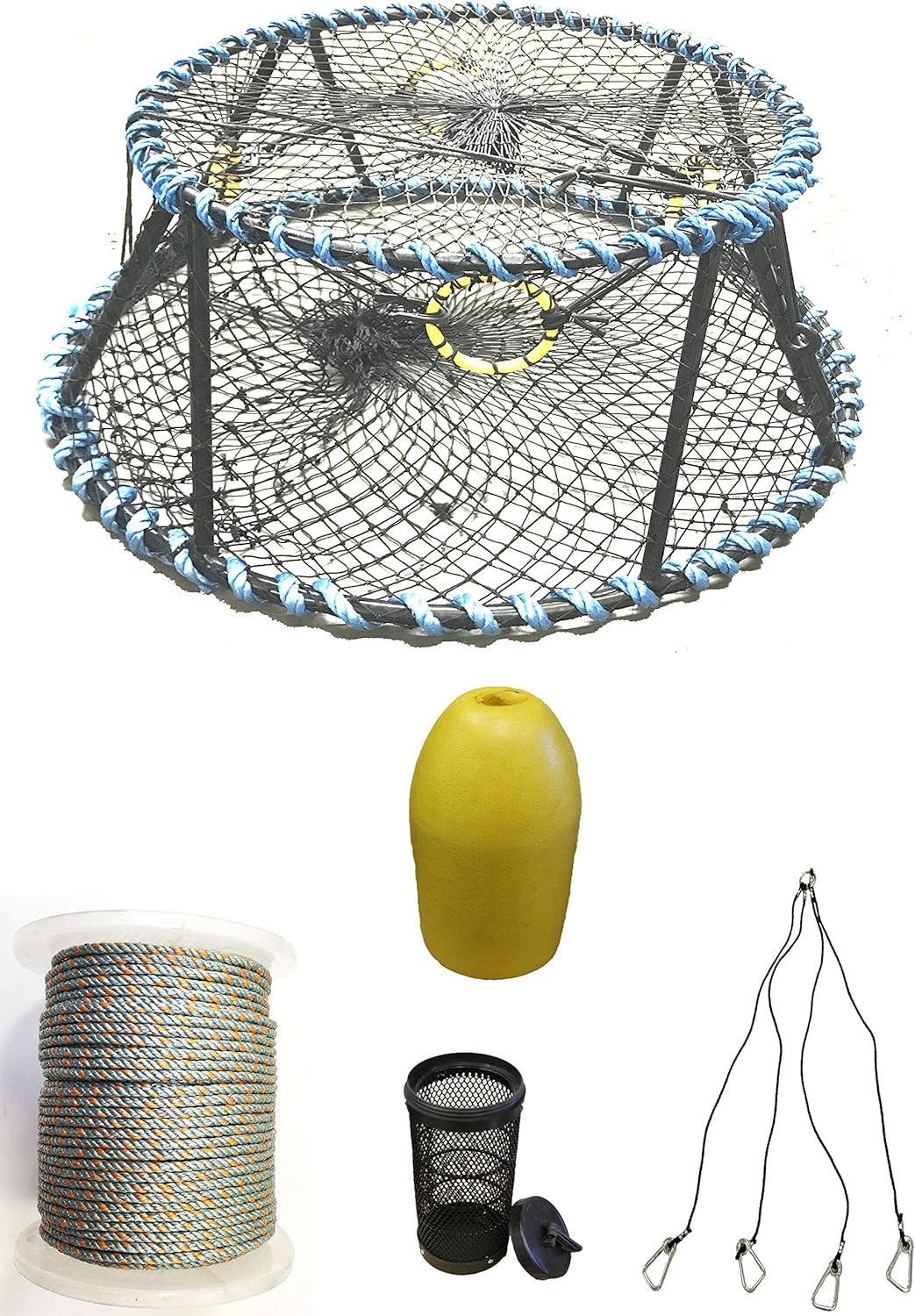 KUFA Sports Vinyl Coated Heavy Duty Tower Style Prawn Trap with 400' Rope, Yellow Float, Vented Bait Jar & Harness Combo (CT130+PAQ19+HA5)