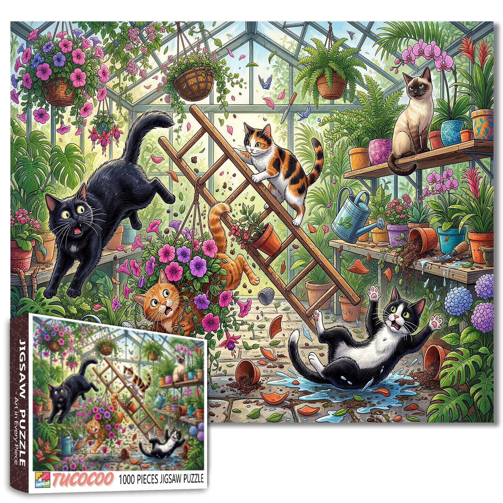 Greenhouse Plants 1000 Piece Jigsaw Puzzles for Adults Cat Garden Jigsaw Puzzle for Challenging Family Activity Game Playful Kitten Artwork Puzzle for Home Decor Unique Gifts 19.7"x27.6" — image 1