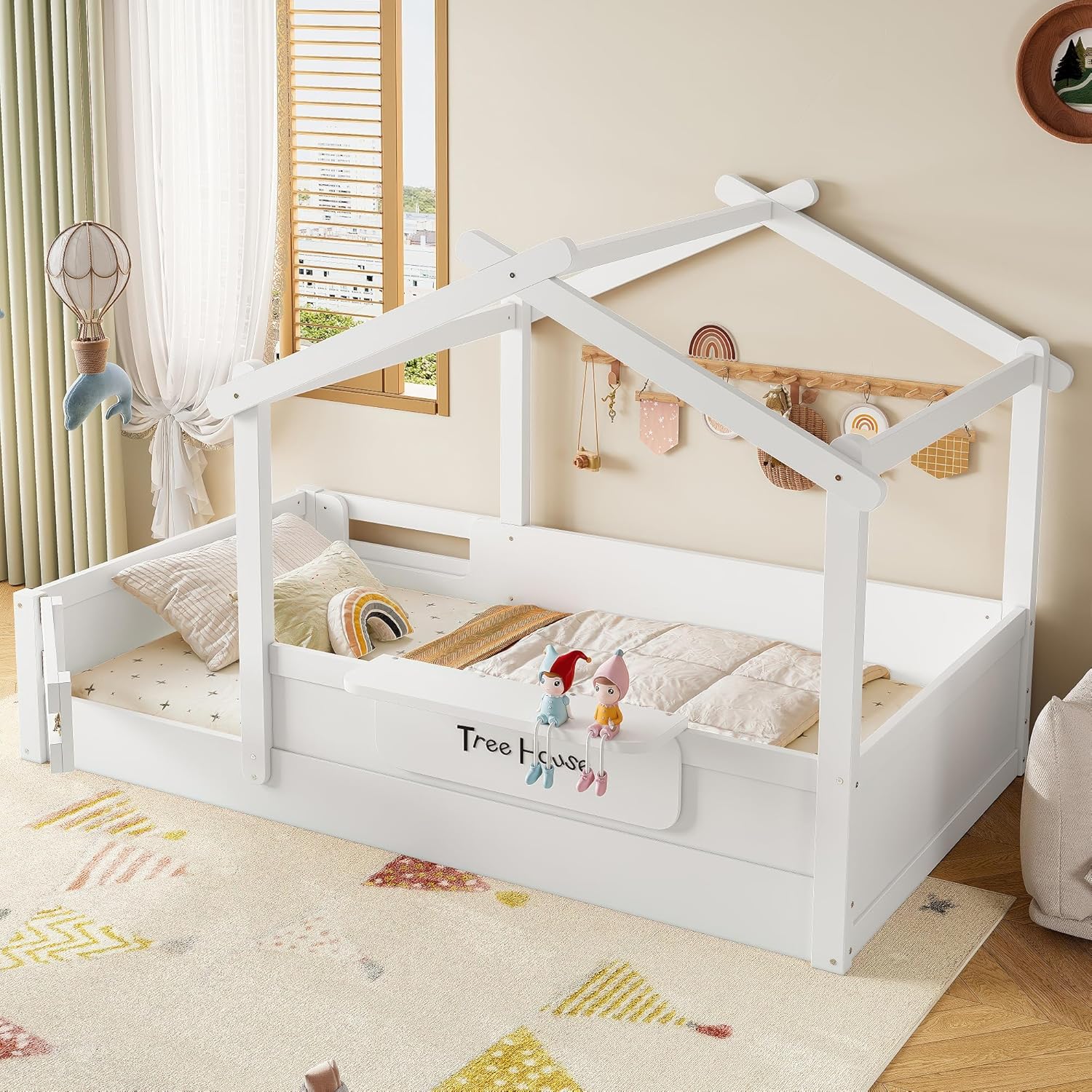 Merax Twin Size House Floor Bed for Kids, Solid Wood Montessori Floor Bed Frame with Safety Fence, Storage Shelf, and Roof, Easy Assembly,White