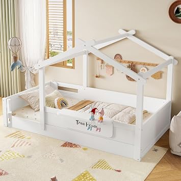 DEINPPA Twin Size Kids Floor Bed with Storage Shelf and Signboard, House Bed Frame with Roof Design for Kids Boys Girls-White
