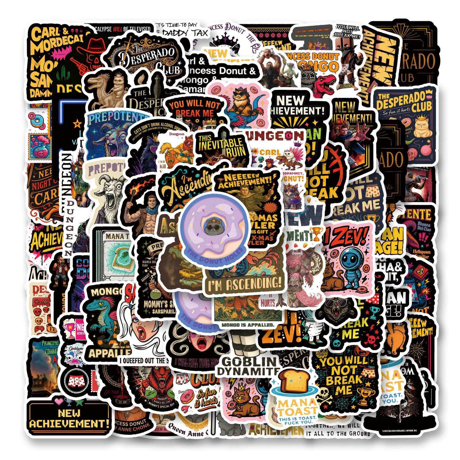 100Pcs DCC This is an Outrage Princess Donut Sticker Funny Dungeon Book Crawler Reading Carl Stickers for Kindle Waterproof Vinyl for Laptop, Water Bottle, Skateboard, Scrapbooking, Party Favors