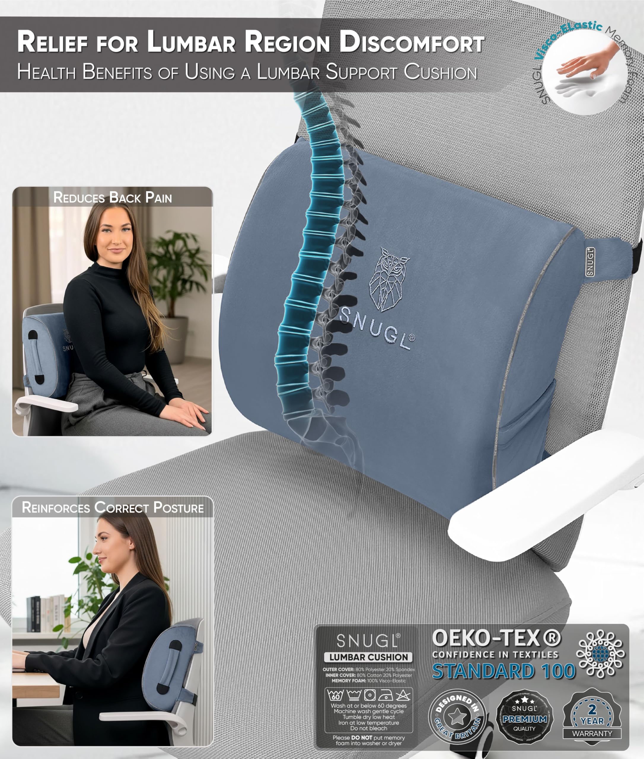 SNUGL Cuscino Lombare Supporto Schiena per Sedia da Ufficio | Cuscino Ortopedico in Memory Foam | Correttore Postura Uomo Donna | Cuscino Sedile Auto | Accessorio Ergonomico per Ufficio