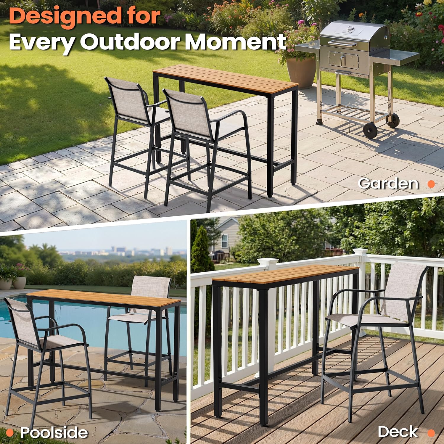 Pellebant 28.7" Outdoor Bar Stools Set of 4, Textilene Patio Bar Chairs with Armrests & Footrest, All-Weather Metal Frame Bar Stools for Deck, Poolside, Backyard, Light Grey