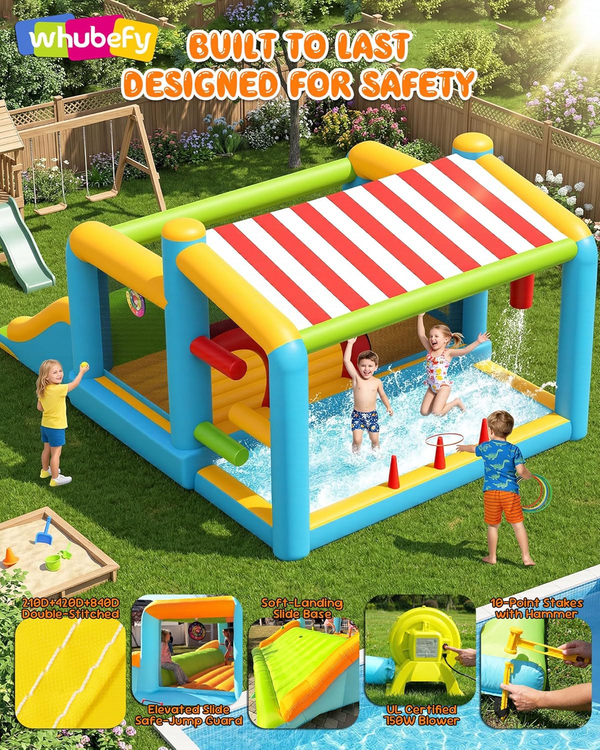 Whubefy 16 x 11.5 FT Inflatable Bounce House for Multiple Big Kids 3-12 with Elevated Giant Slide, Convertible Ball Pit/Water Pool with Shade Canopy and Obstacle Course Games, UL Certified 750W Blower