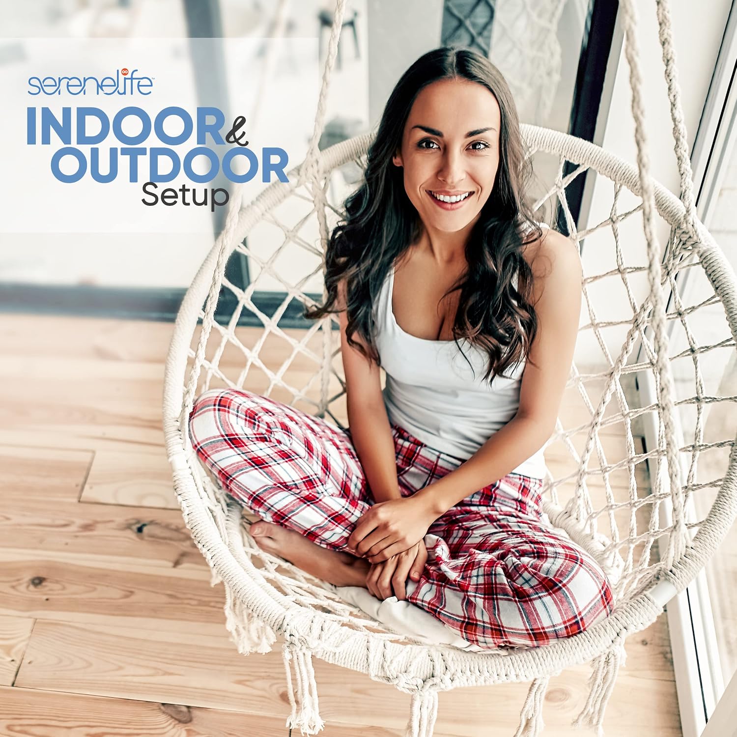 SereneLifeHome Hanging Rope Single Swing Chair, Hanging Hammock Chair, Macrame Hanging Chair, 350 lbs Capacity, Durable, Cotton Woven Swing Chair, Indoor & Outdoor (White)