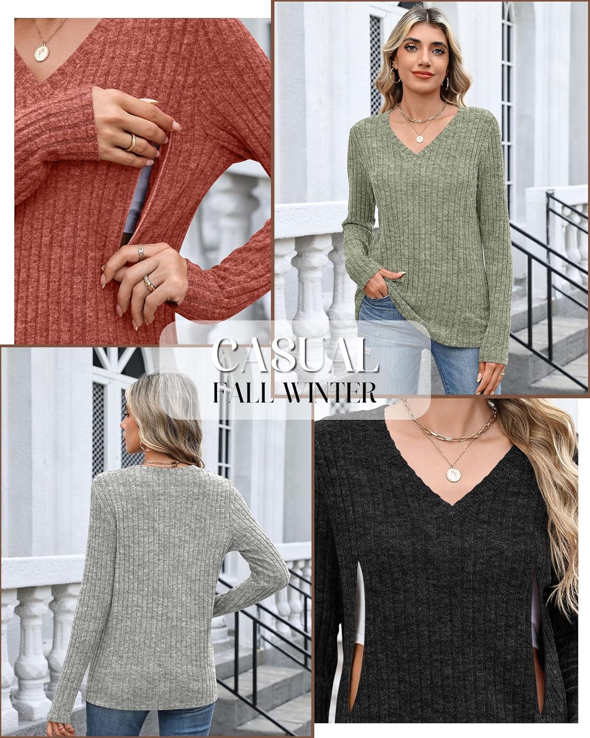 4 Pack Women's Maternity Nursing Tops, V Neck Breastfeeding Sweaters Long Sleeve Hidden Zipper Shirts - Image 3