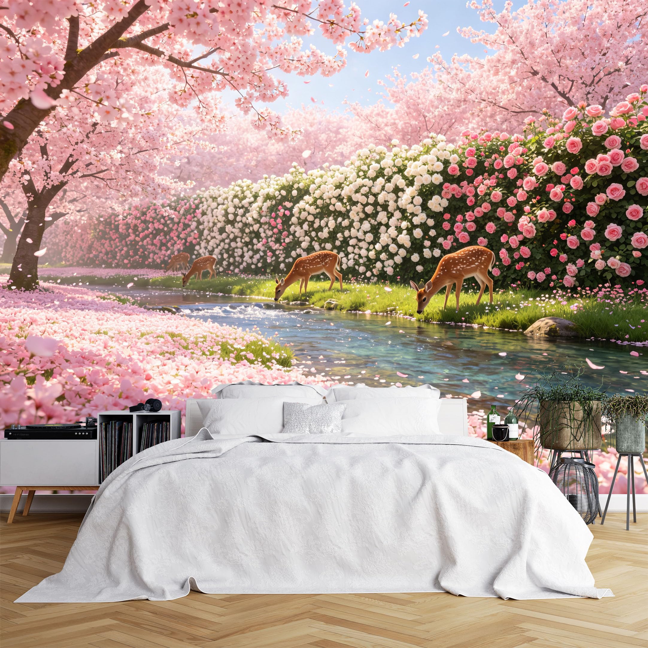 Lcythiazole Ch260615108 Custom Size Wall Murals Cherry Blossom Deer Creek Floral Scenery Wall Murals Vivid Nature Wallpaper Home Decor Self-Adhesive Removable Wallpaper For Bedroom Living Room