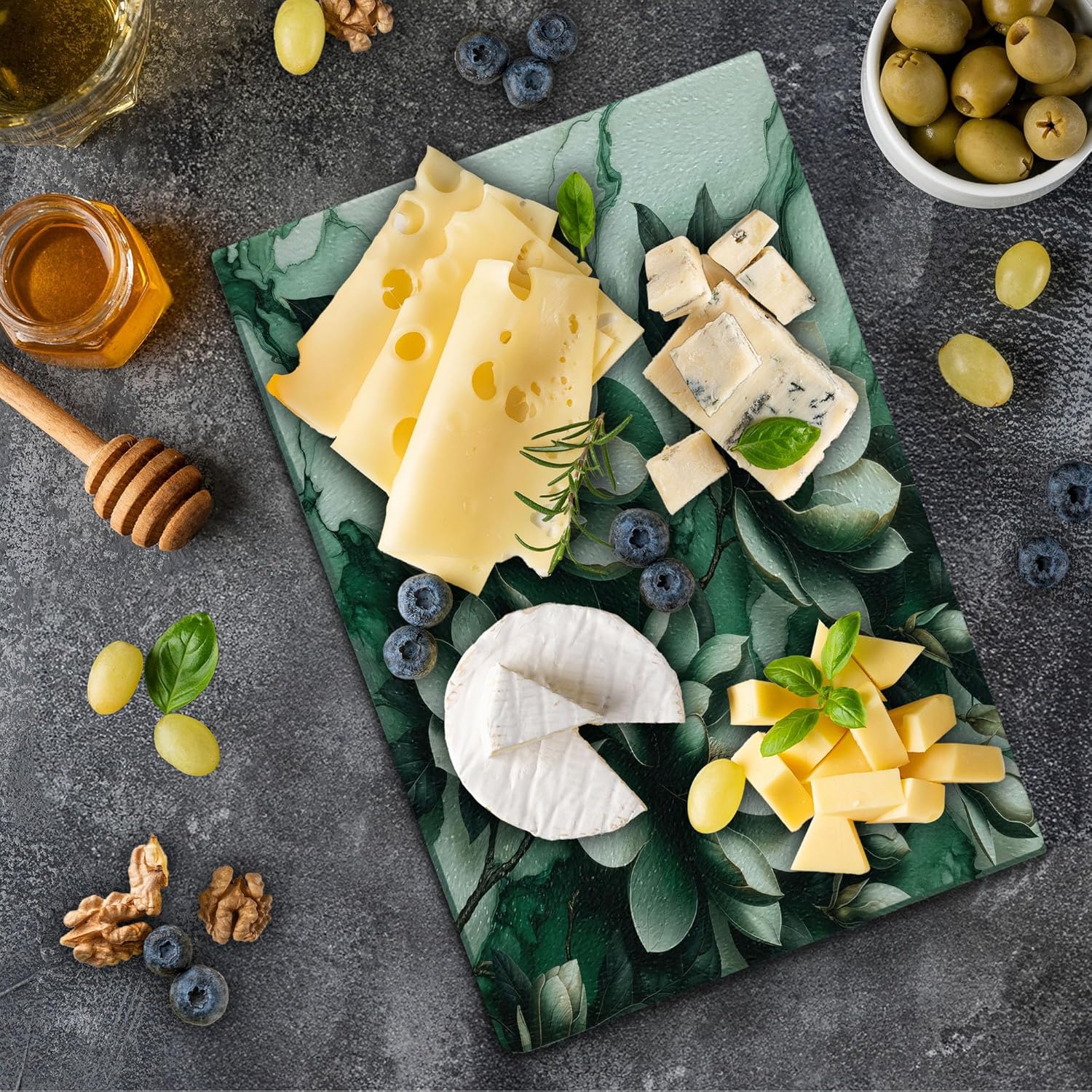 Ambesonne Dark Green Cutting Board, Magnolia Flowers Blooming on Marble Print Inspired Backdrop, Decorative Tempered Glass Cutting and Serving Board, Small Size, Hunter Green and Off White