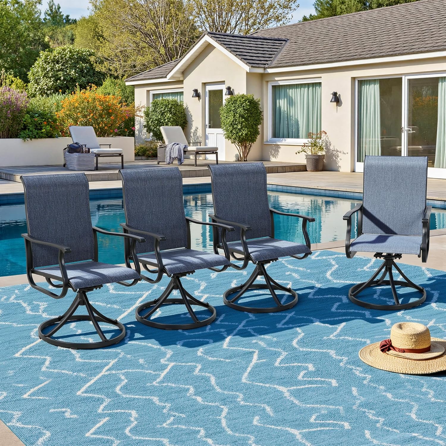 SUNCROWN Patio Swivel Rocker Dining Chairs Set of 4, All Weather High Back Textilene Outdoor Chairs with Sturdy Metal Frame, Swivel Rocking Patio Chairs for Backyard Lawn Garden Porch Deck, Blue