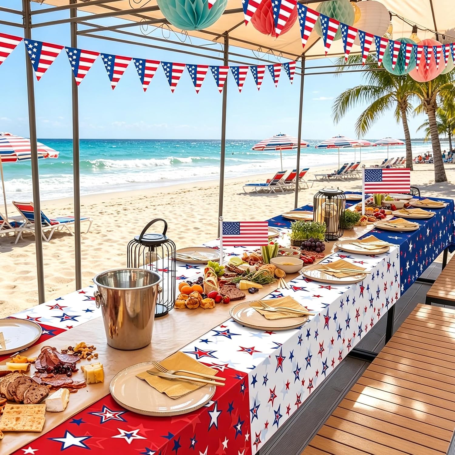 4th of July Tablecloth 6 Pack, 54 x 108 Inch Disposable Independence Day Party Decorations, Patriotic Red White Blue Stars & Fireworks Plastic Table Covers, Rectangle