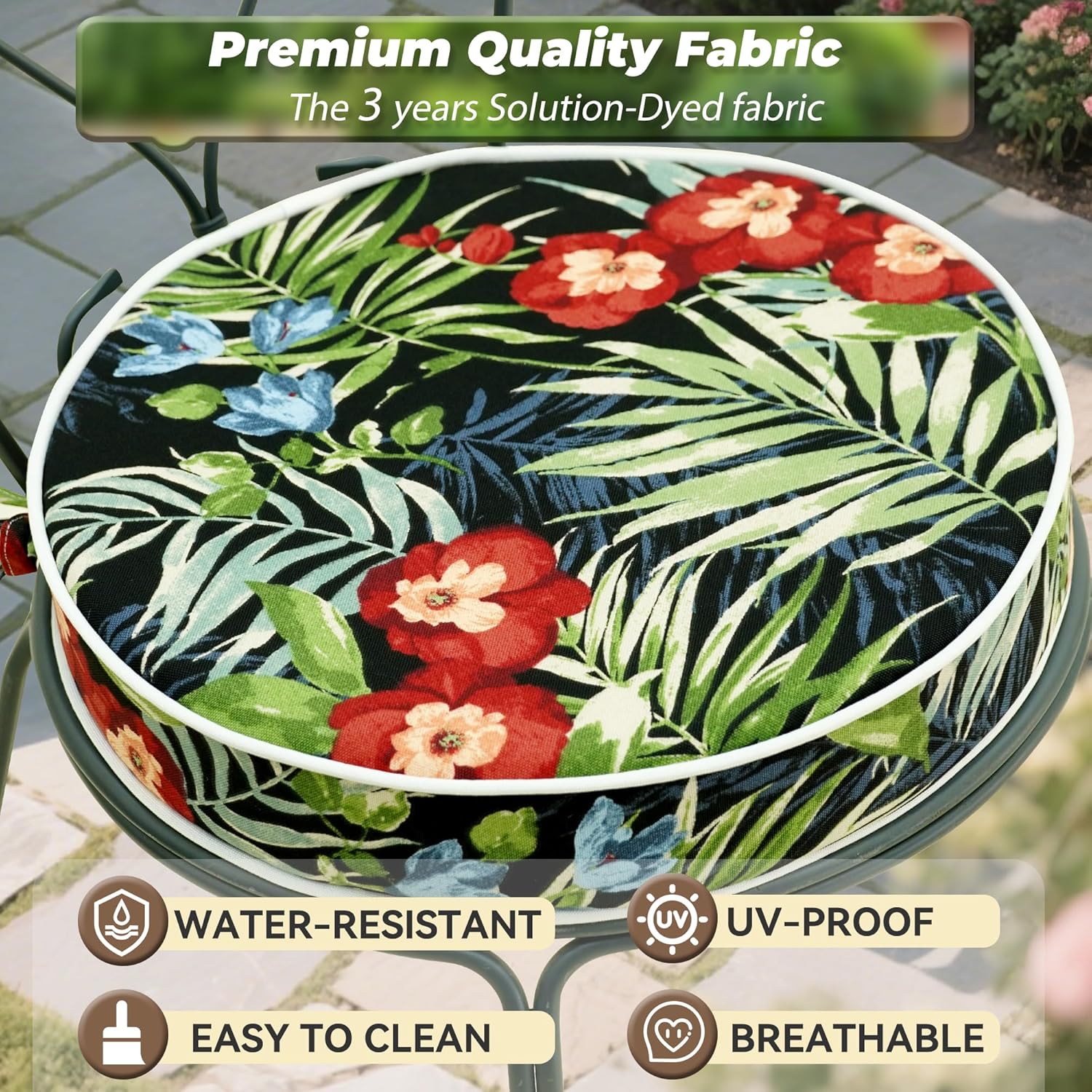 Bistro Chair Cushions for Patio Furniture,Patio Chair Cushion Round 15"x 15"x 4",Water-Resistant Round Outdoor Cushions with Non-Slip Ties, Pack of 2