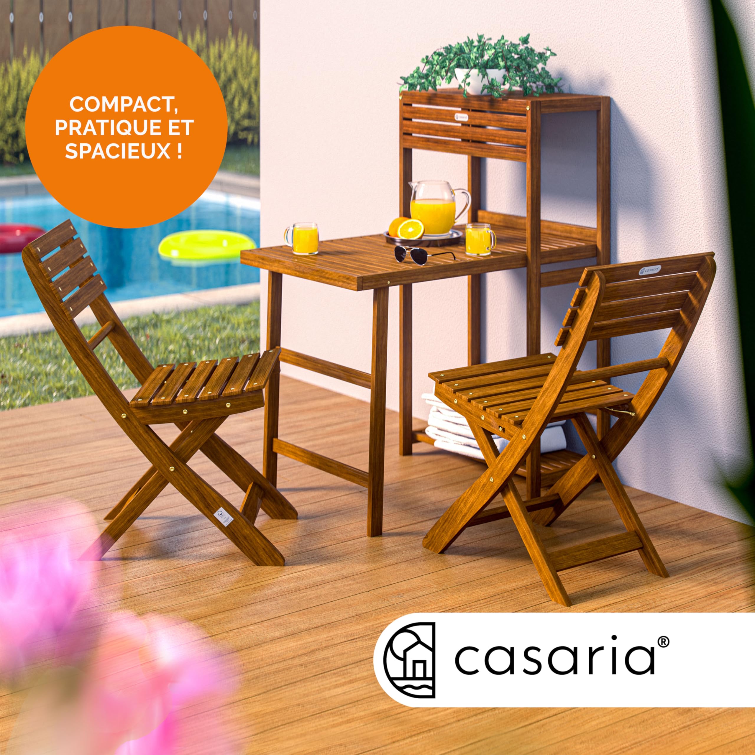 Casaria® Set de Balcon 2 Personnes 3pcs en Bois d'acacia FSC® 94x61x117cm 1 Table 2 chaises unité de Rangement extérieur