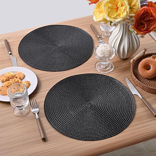 Miniatura 7 de Feuille Juego de 4 manteles individuales redondos trenzados para mesa de comedor, tejidos, lavables, antideslizantes, 13.5 pulgadas (negro, 4 piezas)