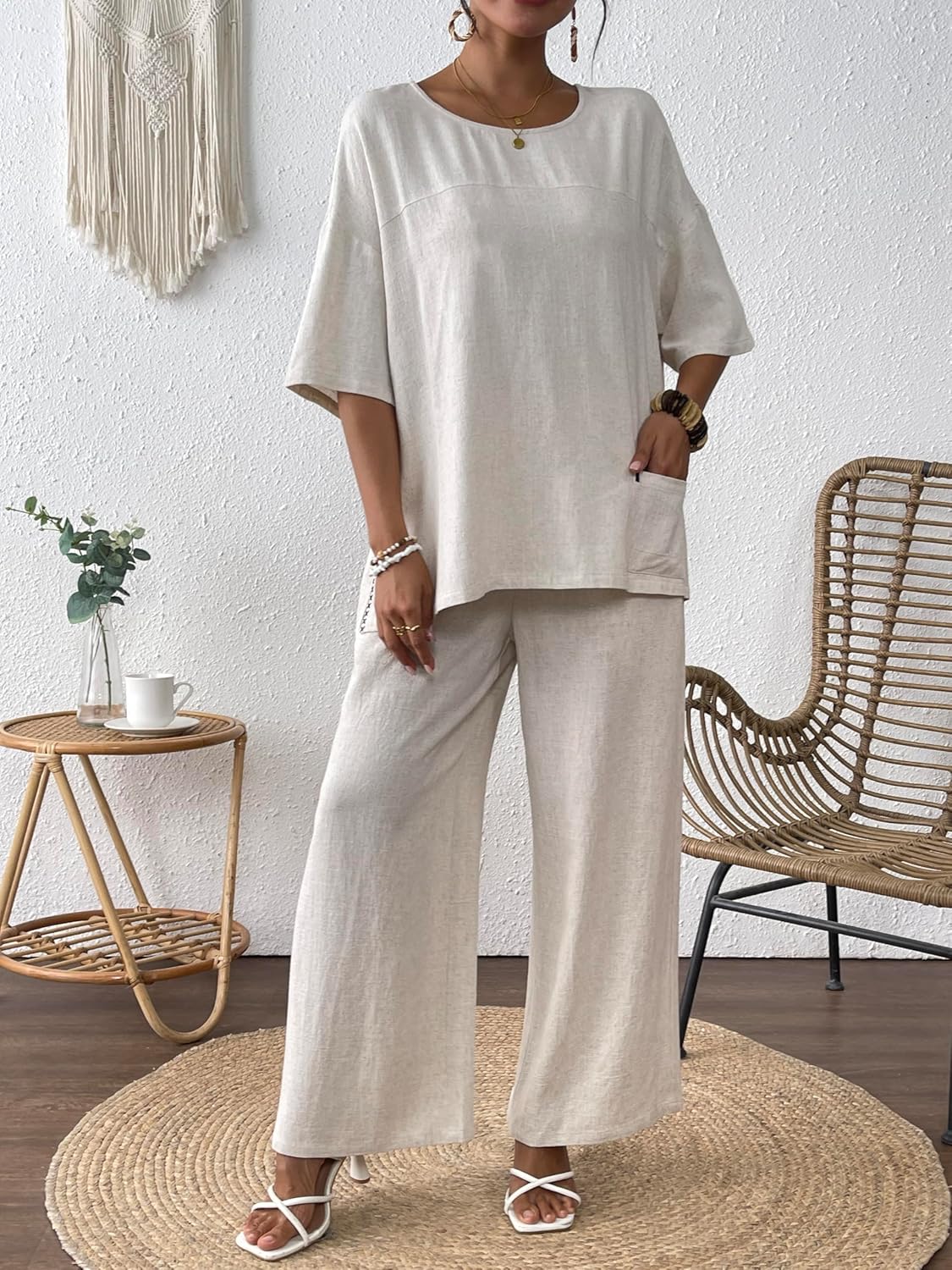 Women's Linen 2 Piece Outfits Short Sleeve Top Wide Leg Trouser Pants Suits Summer Casual Dressy Linen Sets - Image 2