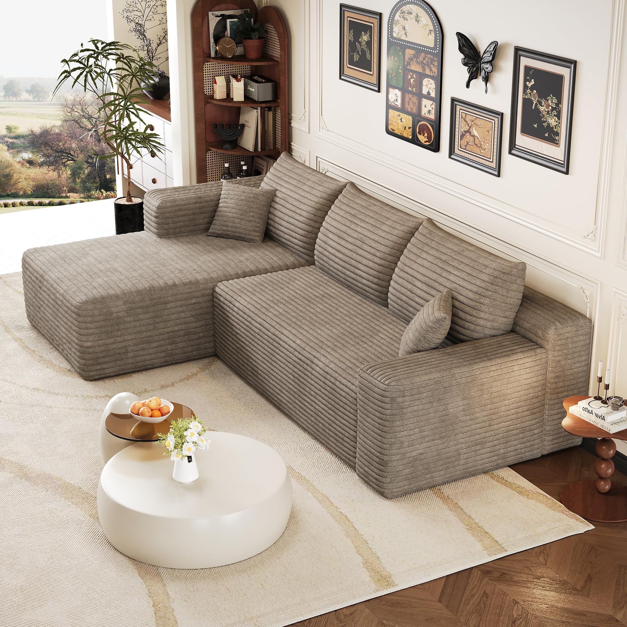 Moderne canapé d'angle Convertible, 239 cm canapé compressé avec méridienne en Forme de L, canapé d Angle modulaire rembourré à Assise Profonde pour Salon(Camel, Angle à Gauche)