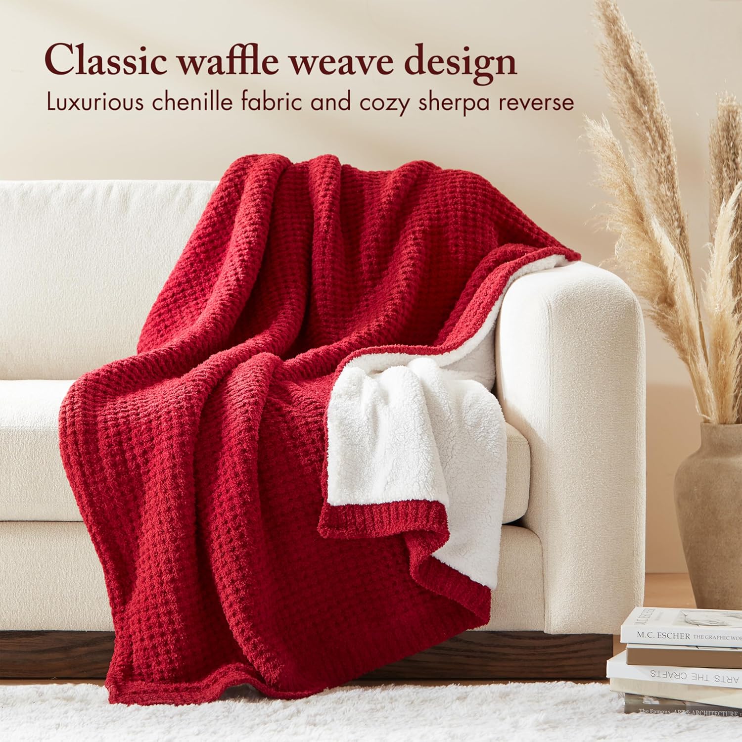Madison Park Luxuriously Cozy Chenille Throw Blanket Waffle Weave Reversible Soft & Warm Sherpa Throw, Lightweight, Breathable Waffle Throw, Farmhouse Room Décor Summer Blanket, 50x60, Red