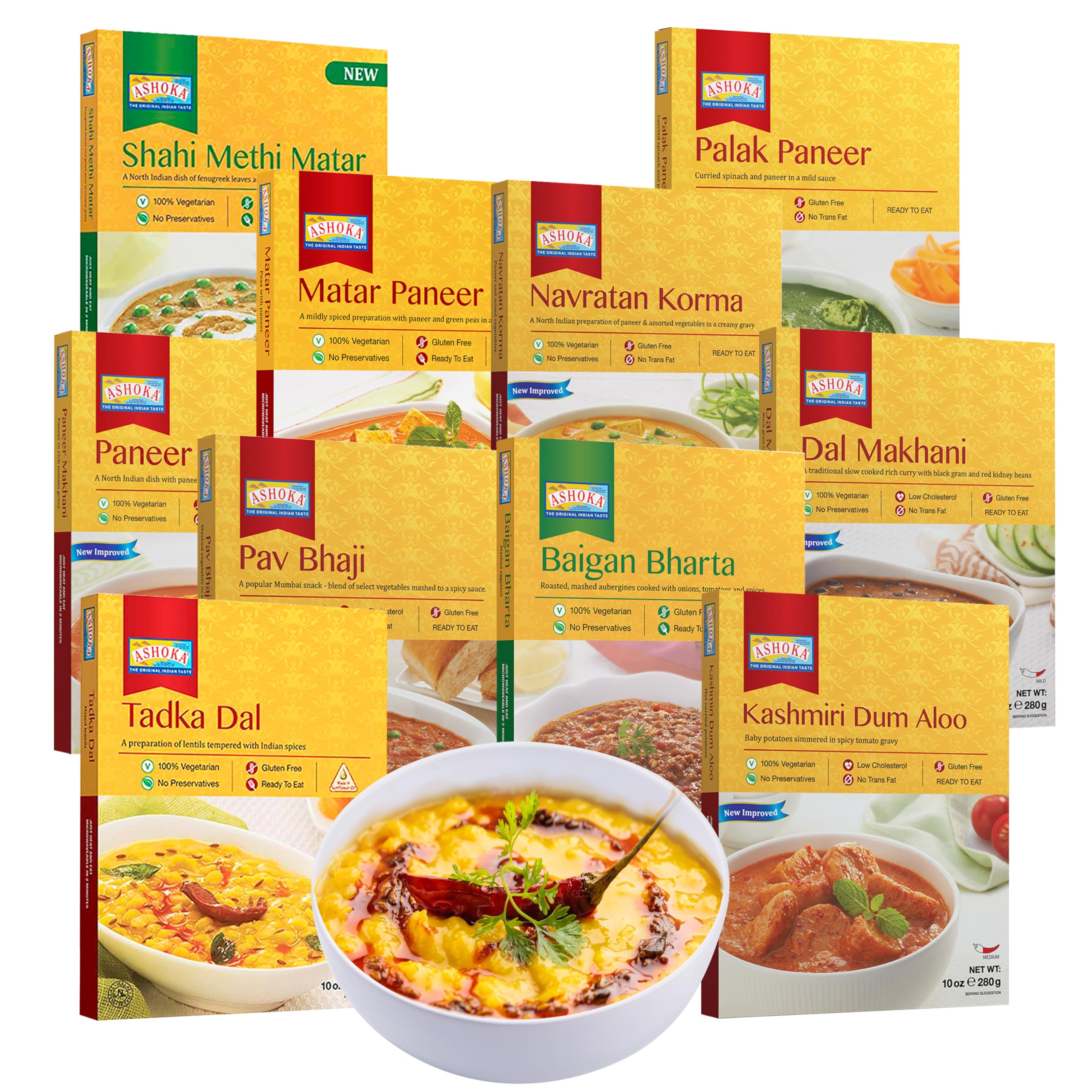 Microwaveable Entrees 1932, Vegetarian Sampler Kit, Heat & Serve Meal Pack, Kosher Certified Variety Pack, Authentic Indian Cuisine, Instant Meals, Gluten-Free with No Preservatives, Pack of 10