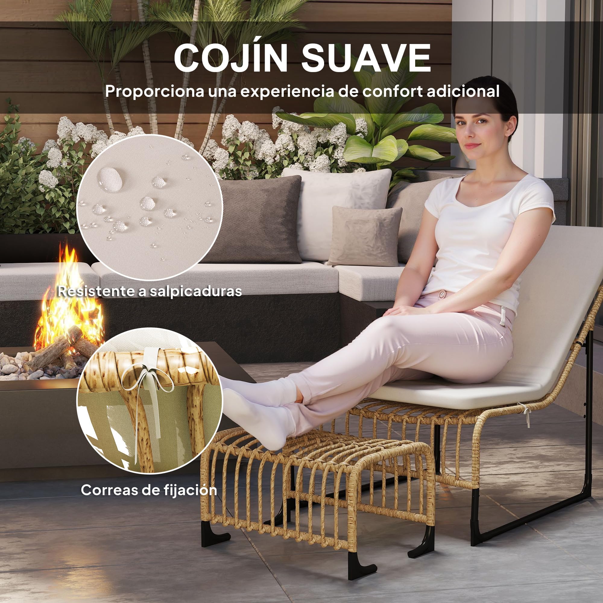 Outsunny Conjunto de Sillón de Jardín con Reposapiés de Ratán Sintético, Sillón para Exterior con Estructura de Acero y Cojín Acolchado, Natural y Beige