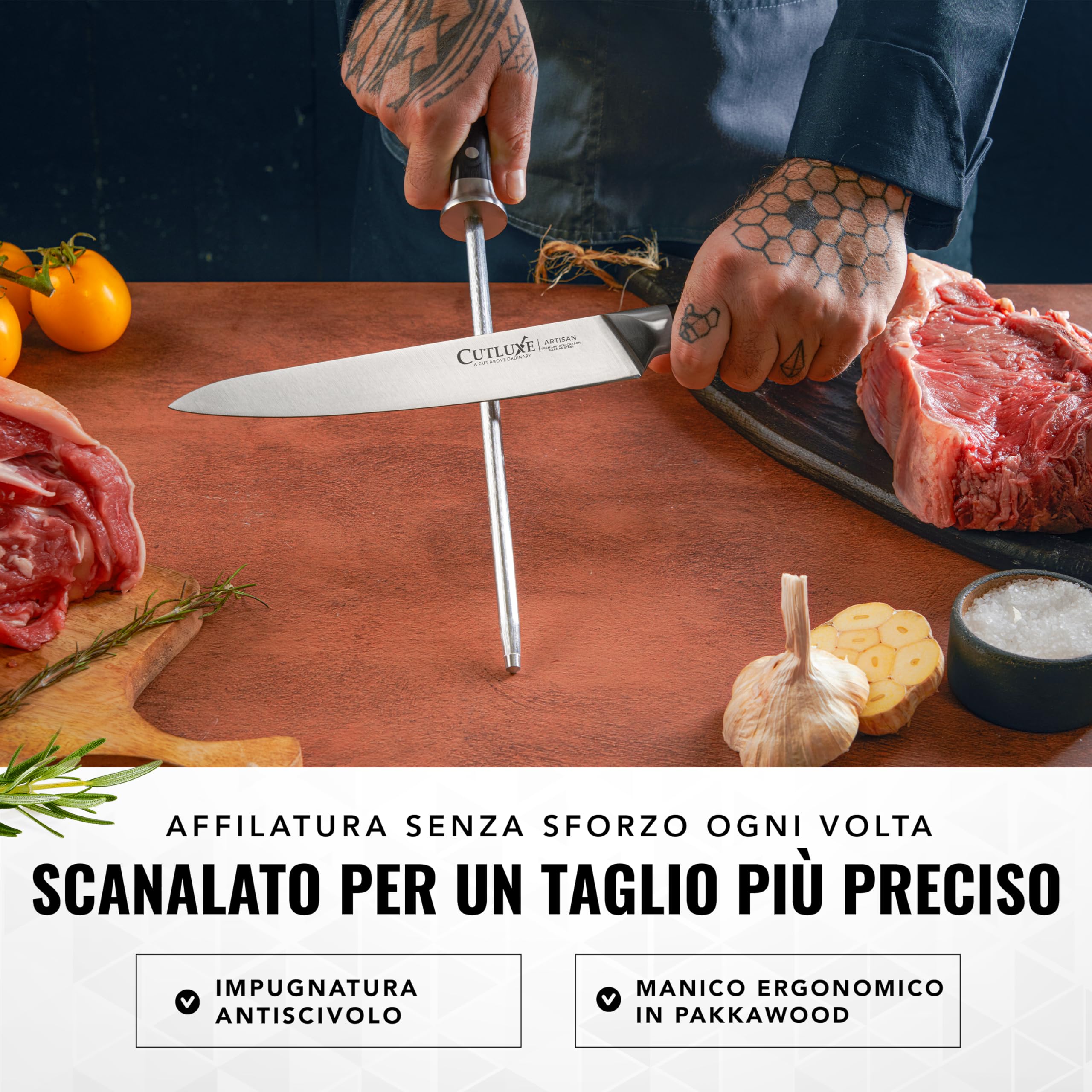 Cutluxe Acciaino Affilacoltelli, 25cm, Acciaino Coltelli, Acciaio al Carbonio, Manico Ergonomico, Artisan Series
