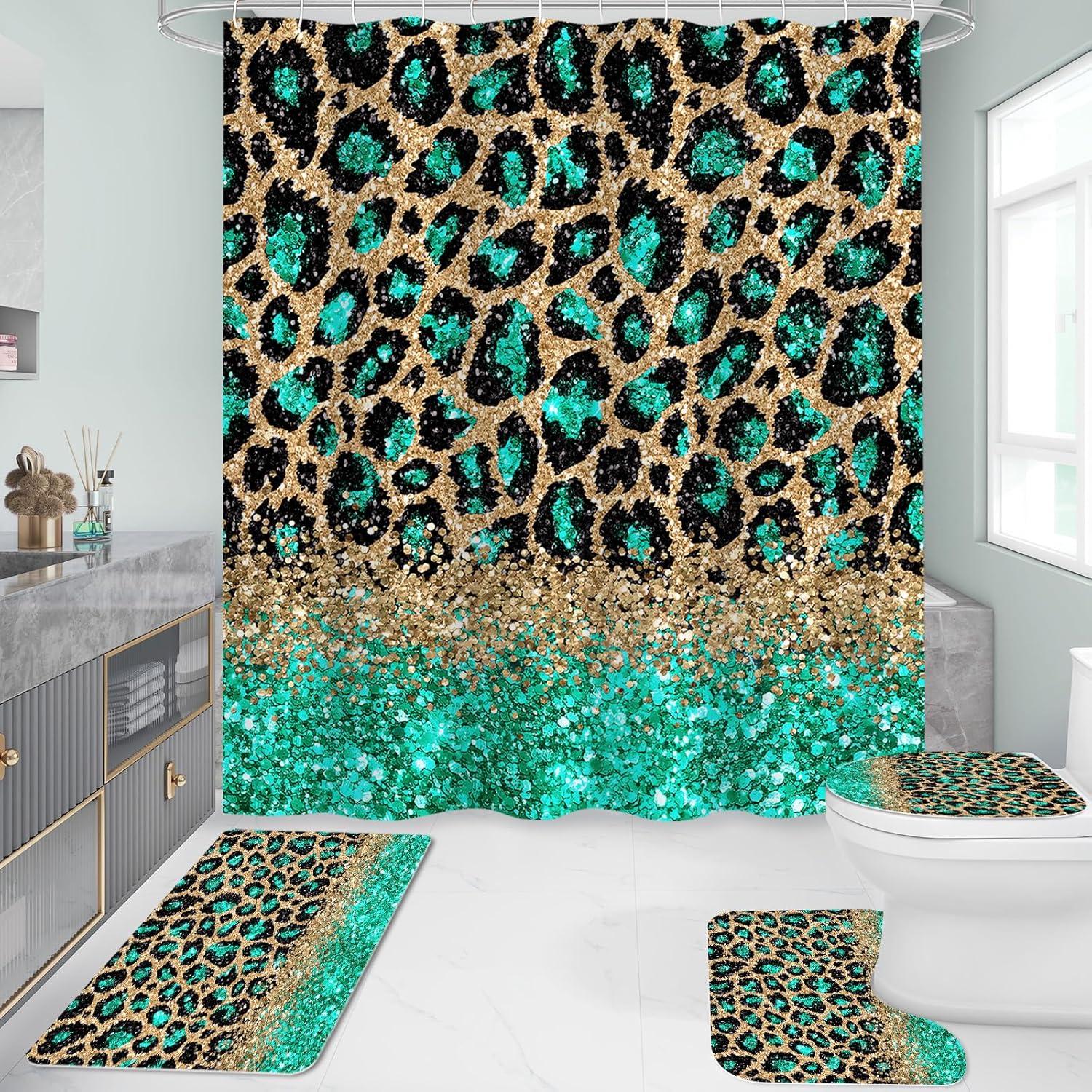 Litabel 4 Pcs Turquoise Leopard Print Shower Curtain Set with Non-Slip Rugs, Toilet Lid Cover and Bath Mat, Wild Animal Skin Bathroom Decor Set with Shower Curtain and Rugs(Hooks Not Included)