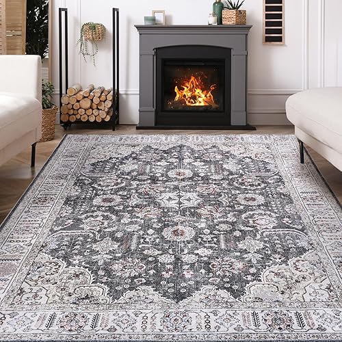 HOYAWU Alfombra de área de 5 x 7 pies, diseño vintage, lavable a máquina con parte trasera antideslizante, alfombra bohemia de pelo bajo resistente