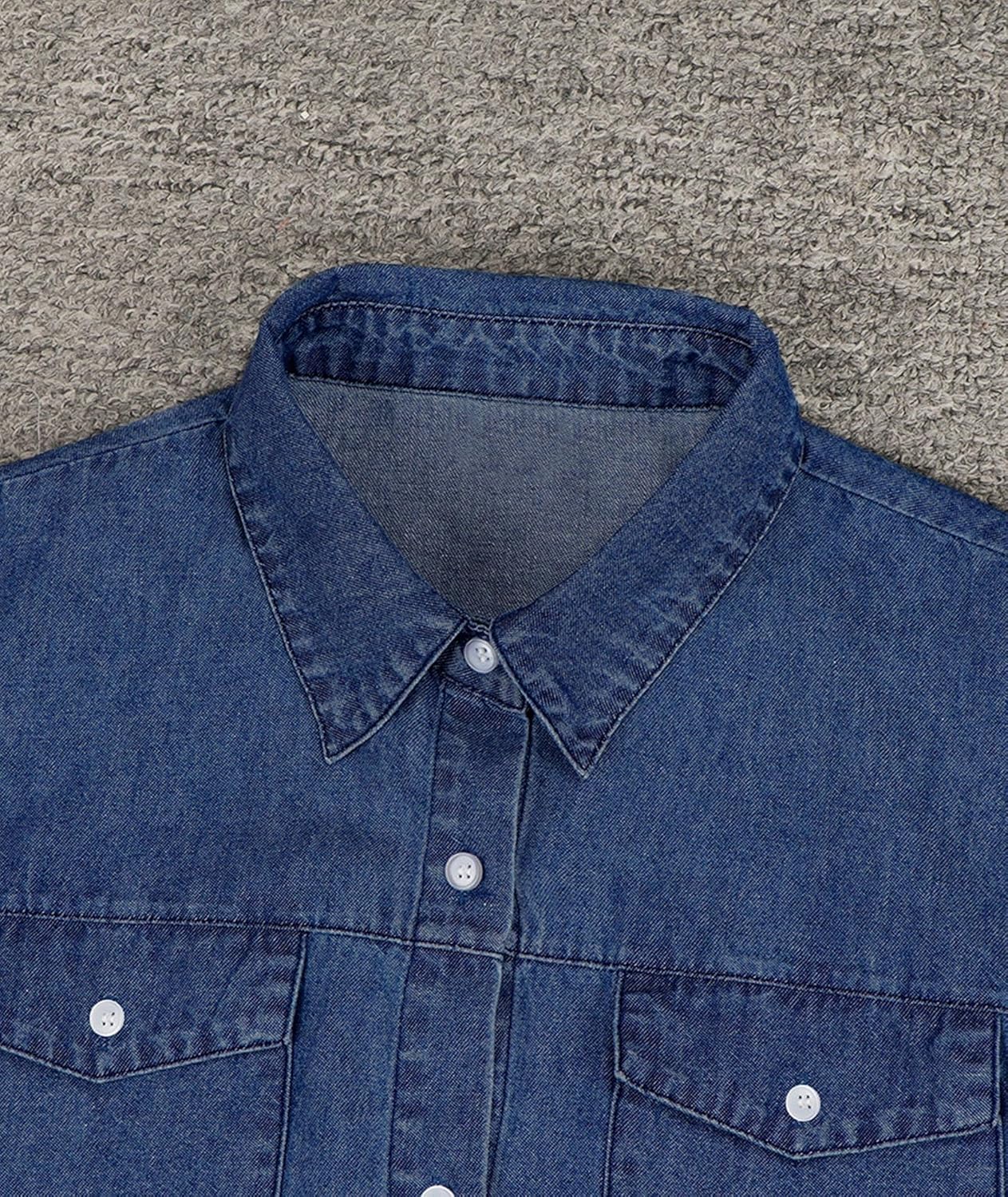 Sexyshine Women's Button Down Denim Dress Short Sleeve Lapel Collar High Waist A Line Swing Ruffle Jeans Maxi Dress - Image 6