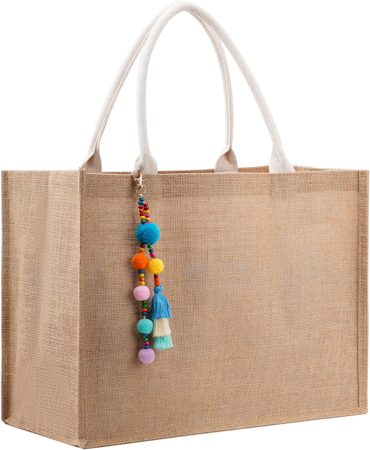 Burlap Beach Tote Bag with Handles for Women, Waterproof Woven Jute Tote Bag for Travel