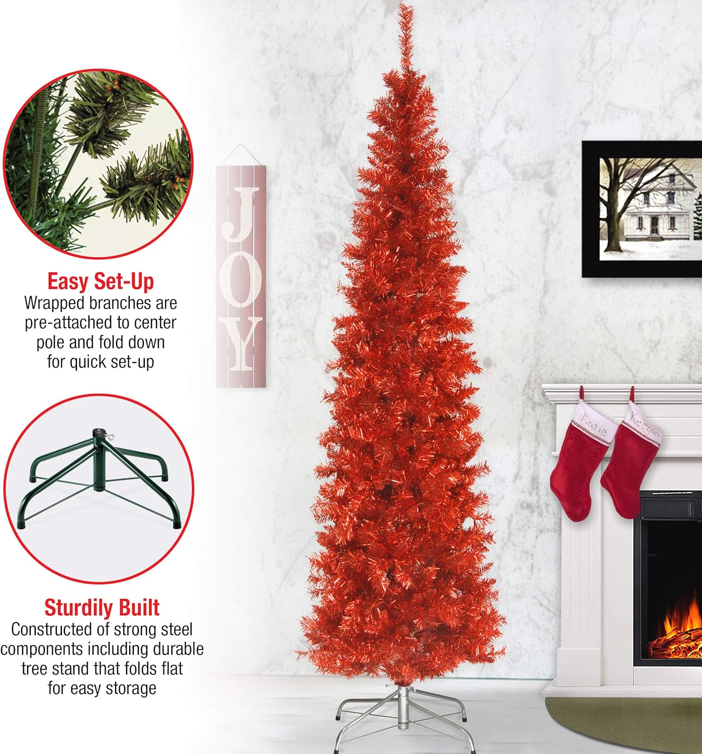 National Tree Company Artificial Christmas Tree, Red Tinsel, Includes Stand, 6 feet