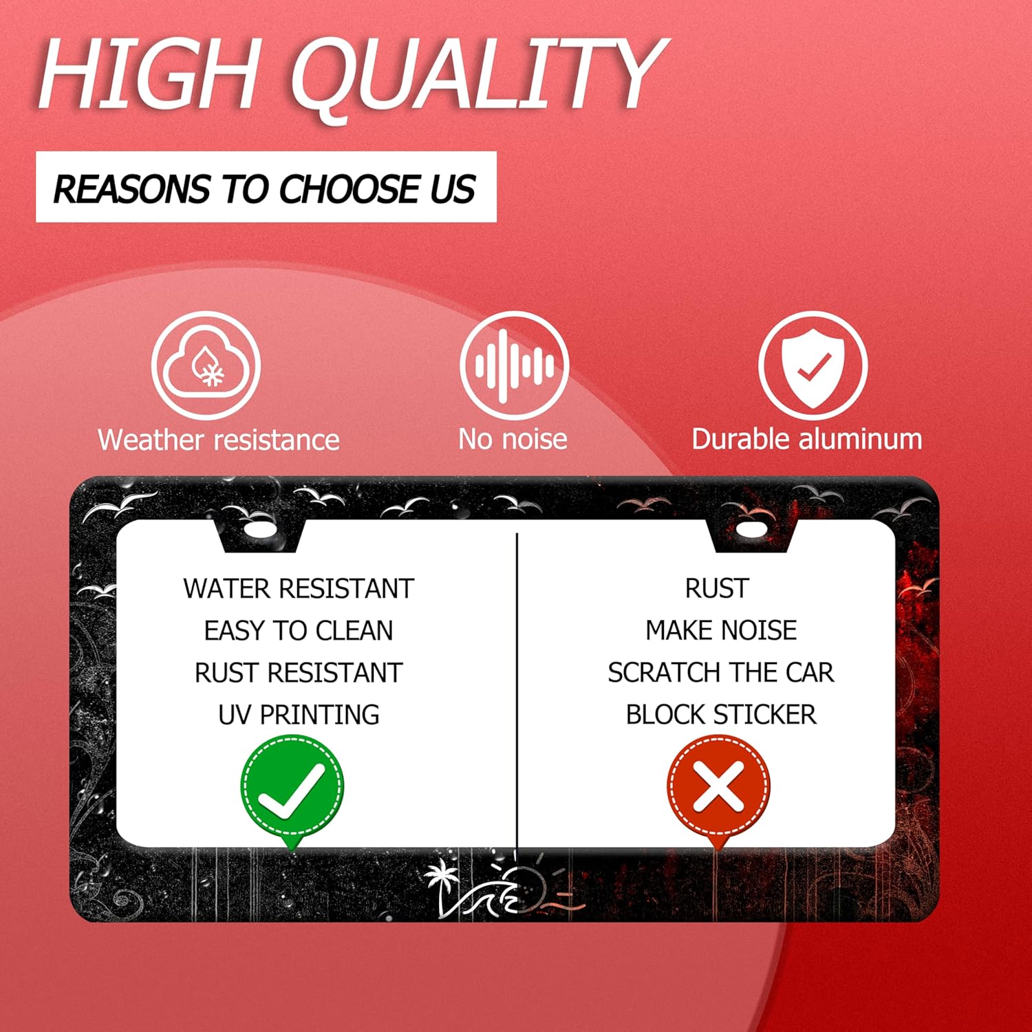 【2pcs】 Waves and Sun License Plate Frame Funny Hawaiian License Plate Frames Stainless Steel Accessories Cars Decor with 2 Holes Screws Fits Standard Us Ca Vehicles License Plate Holder 12.2 X 6 Inch