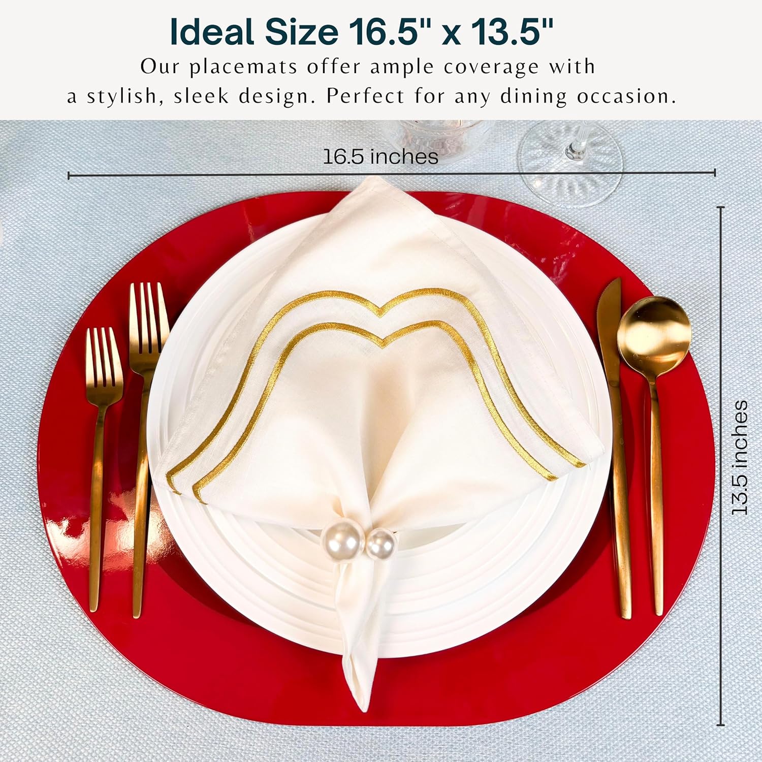 Lacquered Wood Placemats Set of 2 - Handcrafted Artisanal Two-Tone Oval Design Easy Care Table Mats - Luxury Gift, Wedding, Mother's Day Table Mat,16.5 x 13.5 inch, Red