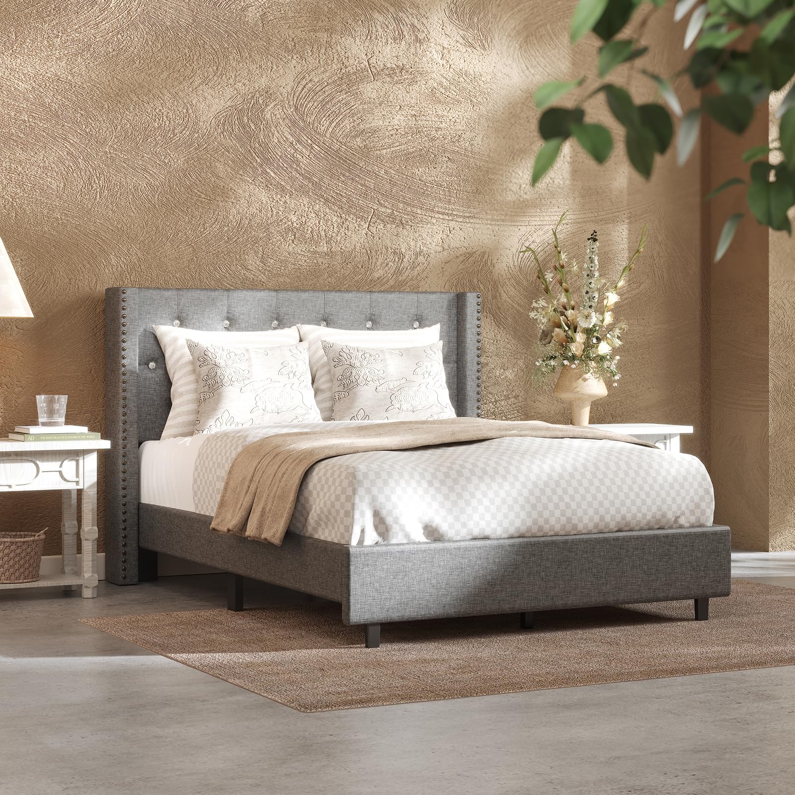 FLEXISPOT Full Size Bed Frame, Upholstered in Natural Linen, Platform Bed with Wingback Headboard, Luxury Diamond Tufting, Heavy-Duty Wooden Slats, No