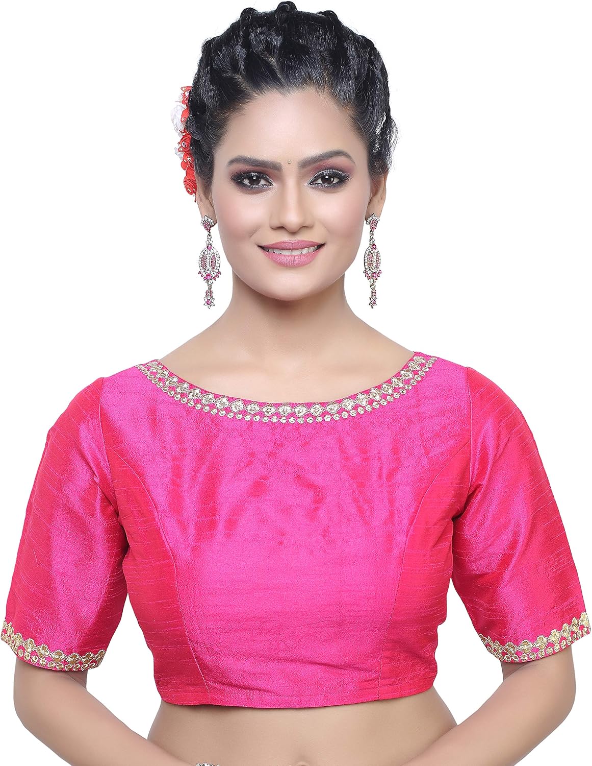 Madhu Fashion Women's Polyester Embroidered Elbow Length Sleeves Readymade Saree Blouse
