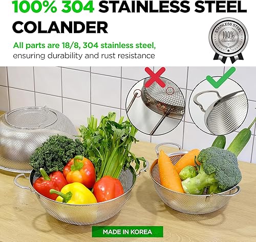 Miniatura 2 de Premium Juego de coladores de acero inoxidable 18/8 304 de 3 piezas con asas, coladores microperforados, juego de 4-6-8 cuartos de galón, base
