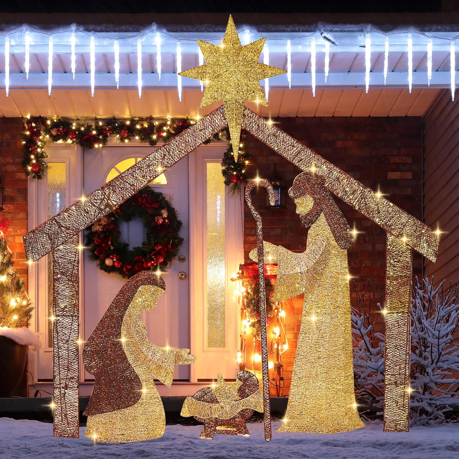 Hourleey Christmas Nativity Scene Decorations Outdoor, 6 FT Lighted Nativity Set with 250 Lights, Christmas Holy Family Yard Decoration for Indoor Holiday Party Garden Lawn Decor