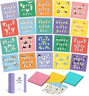 Central 23 Kids Birthday Card Multipack - 20 Pcs Birthday Card Pack - Cute Animals - Pack of Birthday Cards for Boys and Girls - Assorted Birthday Card Selection - Comes With Stickers