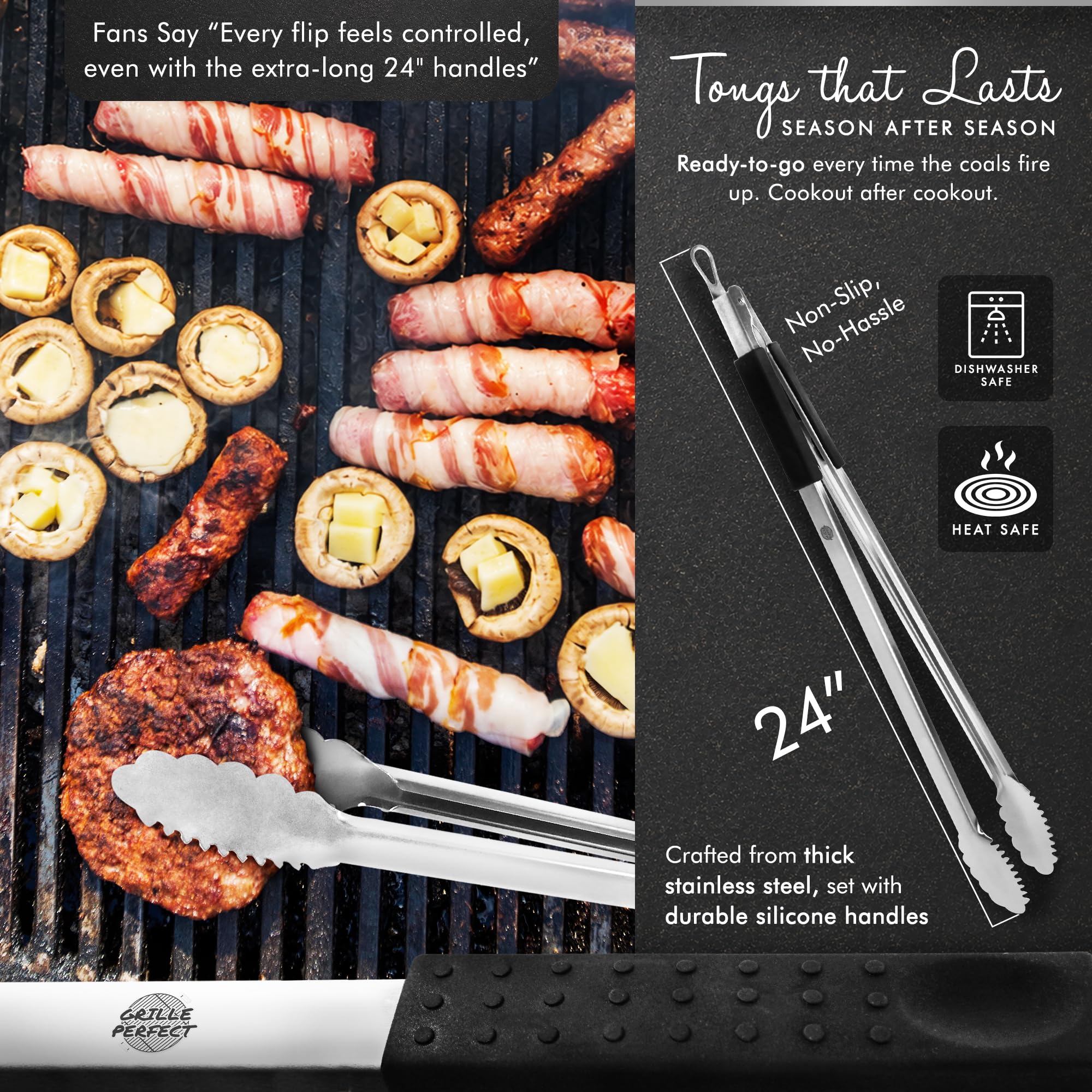Super lange (61 cm) Edelstahlzange zum Grillen - robustes Metall-Grillbesteck, Gas- und Holzkohlegrill, Chelf Küche Essen Servieren Grillwerkzeuge Silikongriff Fleisch Greifen & Braten